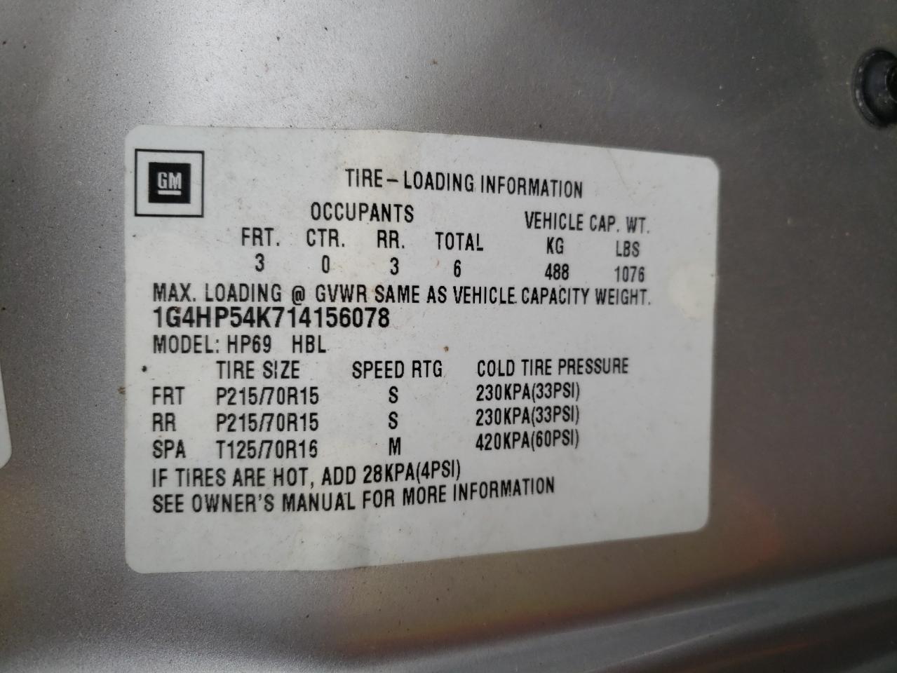 Photo 10 from auction – 2001 BUICK LESABRE CU with VIN 1G4HP54K714156078