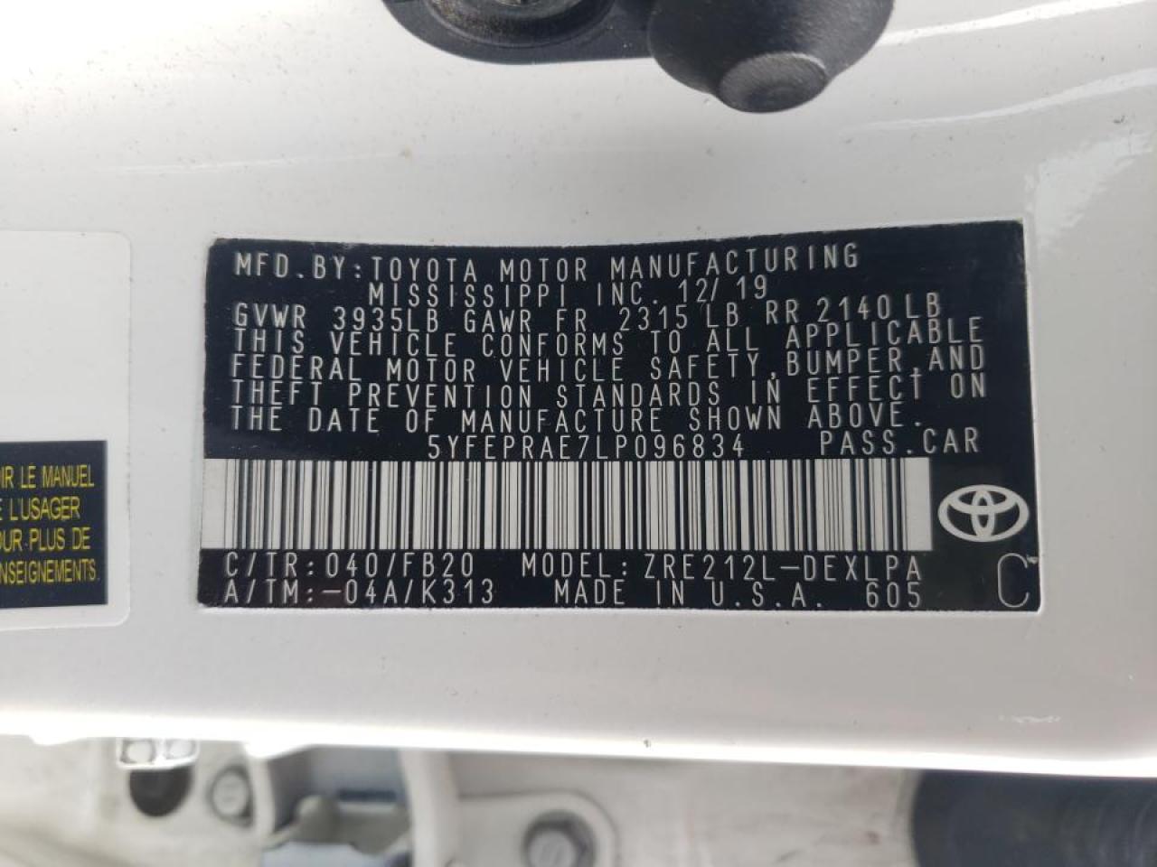 Photo 10 from auction – 2020 TOYOTA COROLLA LE with VIN 5YFEPRAE7LP096834