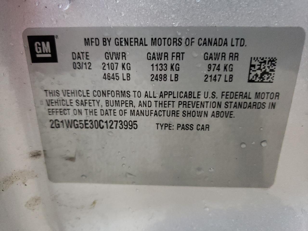 Photo 10 from auction – 2012 CHEVROLET IMPALA LT with VIN 2G1WG5E30C1273995