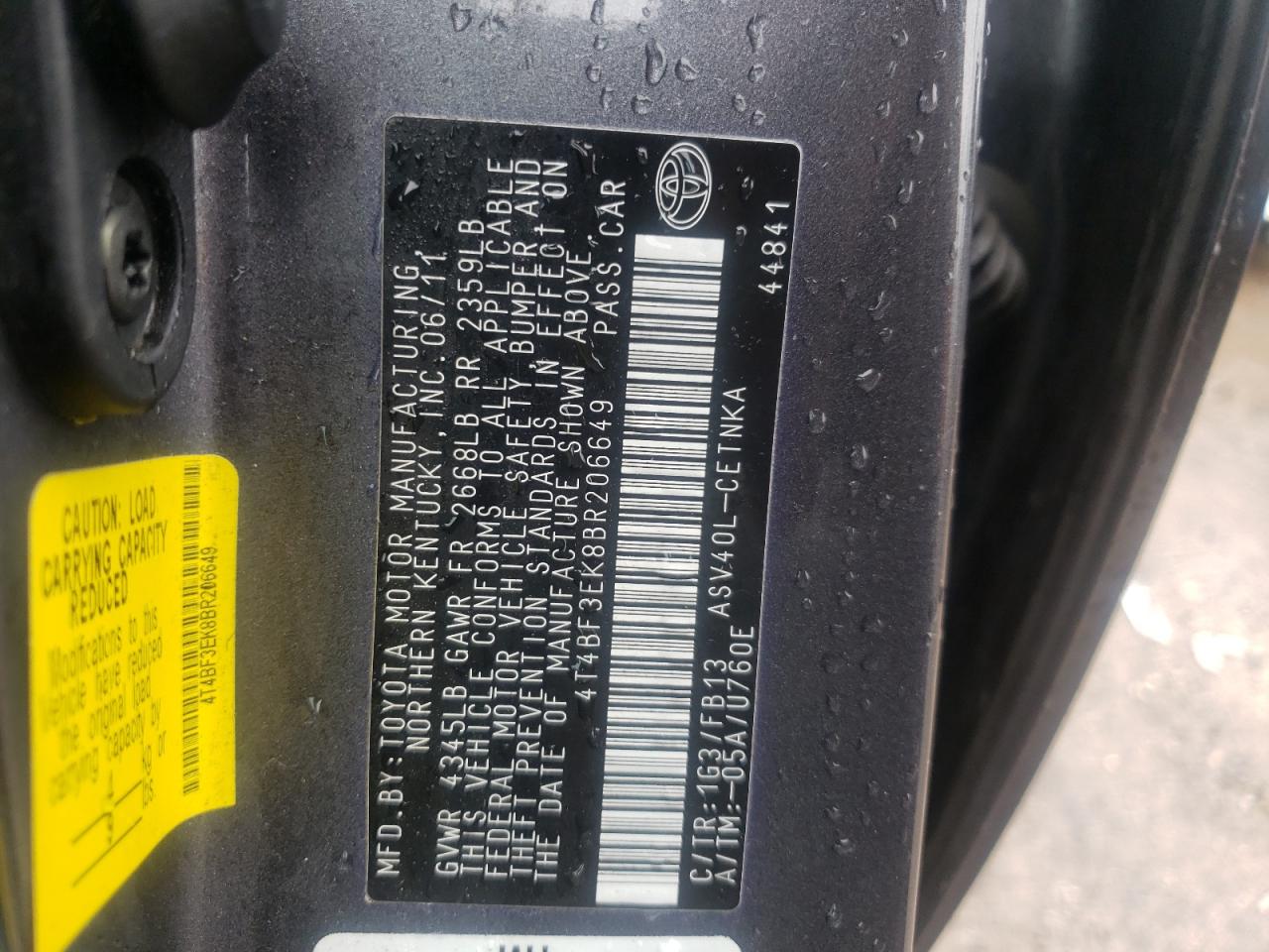 Фото 10 с аукциона – 2011 TOYOTA CAMRY BASE с VIN 4T4BF3EK8BR206649