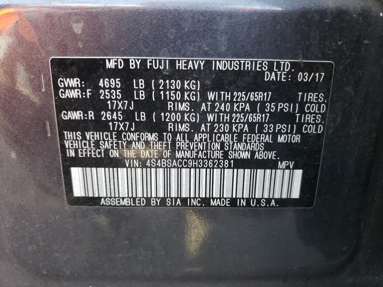 Photo 10 from auction – 2017 SUBARU OUTBACK 2. with VIN 4S4BSACC9H3362381