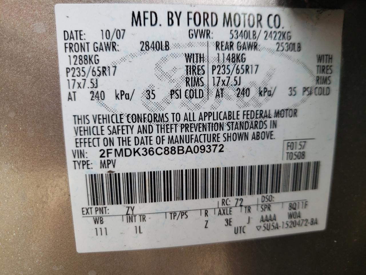 Photo 10 from auction – 2008 FORD EDGE SE with VIN 2FMDK36C88BA09372