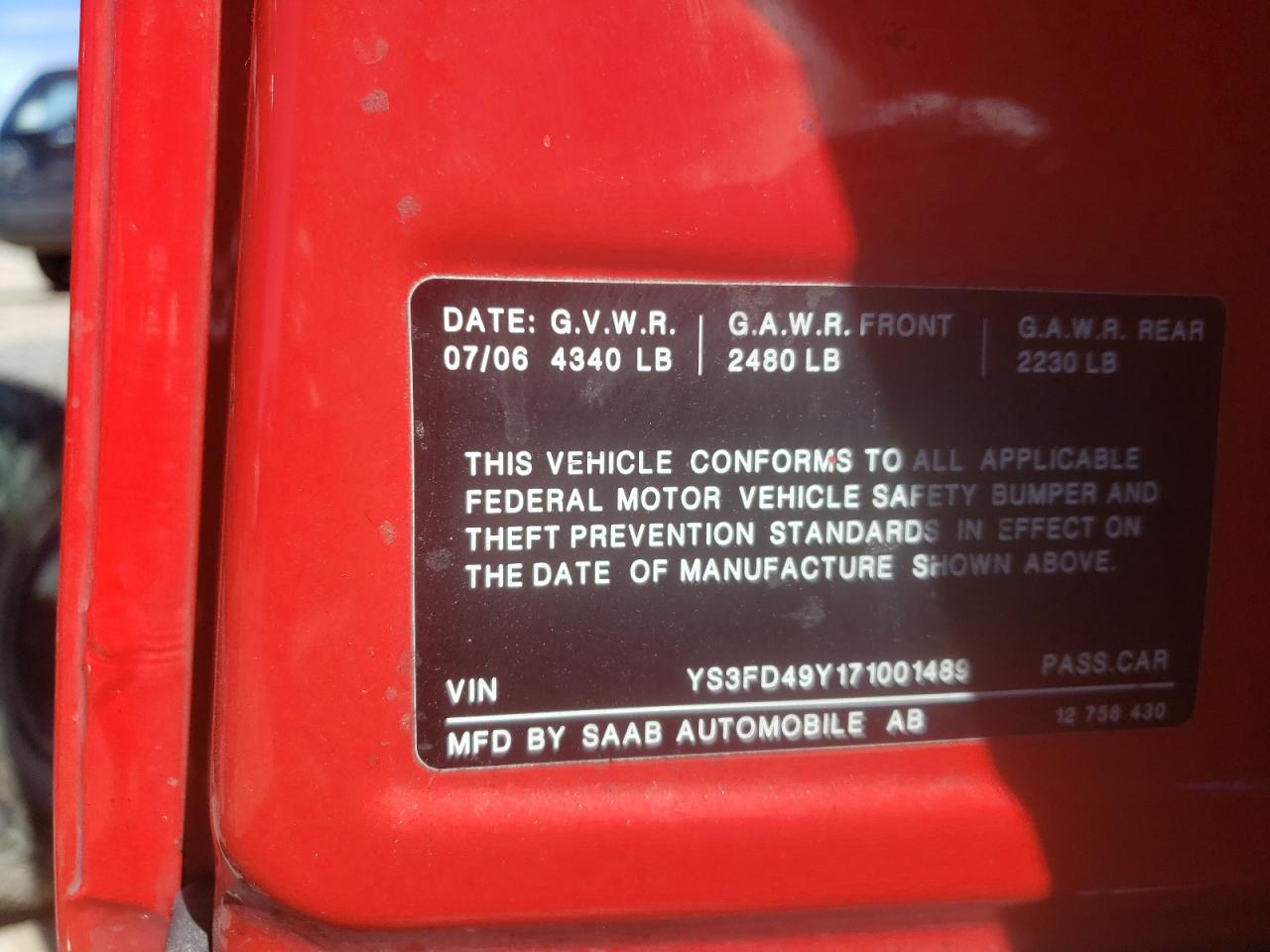 Photo 10 from auction – 2007 SAAB 9-3 2.0T with VIN YS3FD49Y171001489