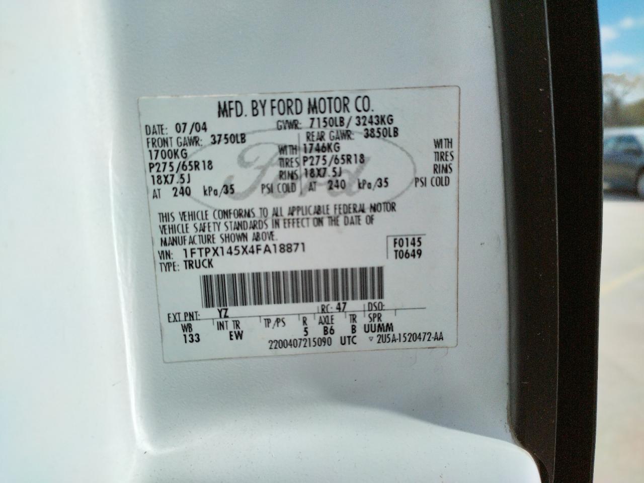 Photo 10 from auction – 2004 FORD F150 with VIN 1FTPX145X4FA18871