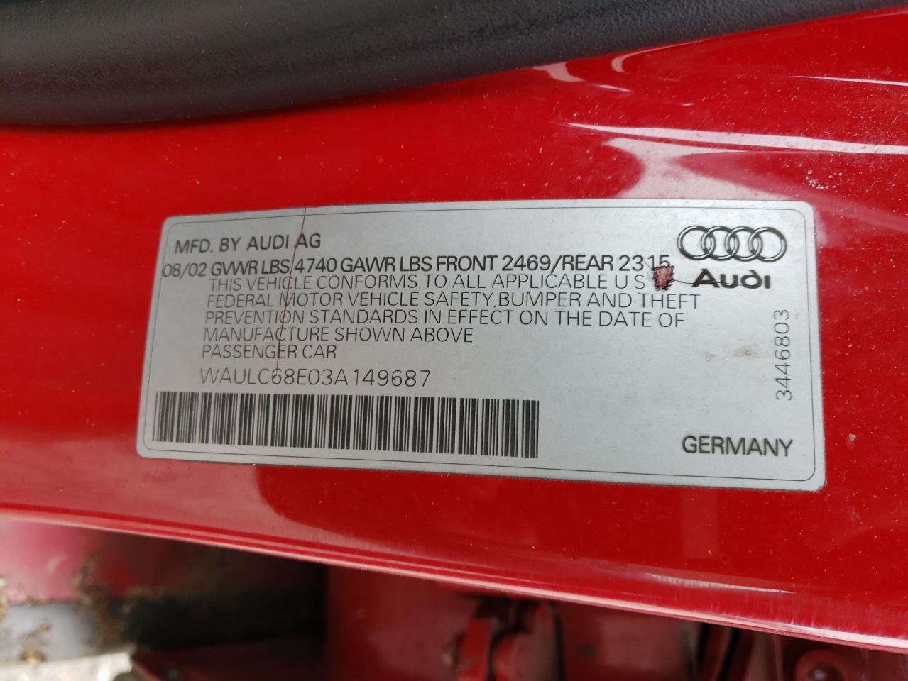 Photo 10 from auction – 2003 AUDI A4 1.8T QU with VIN WAULC68E03A149687