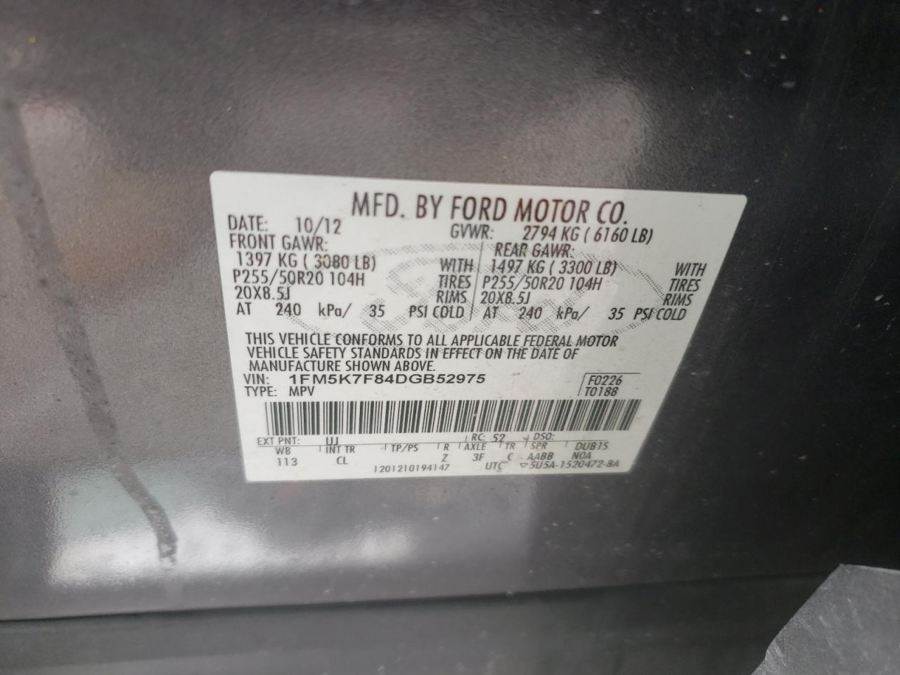 Photo 10 from auction – 2013 FORD EXPLORER L with VIN 1FM5K7F84DGB52975
