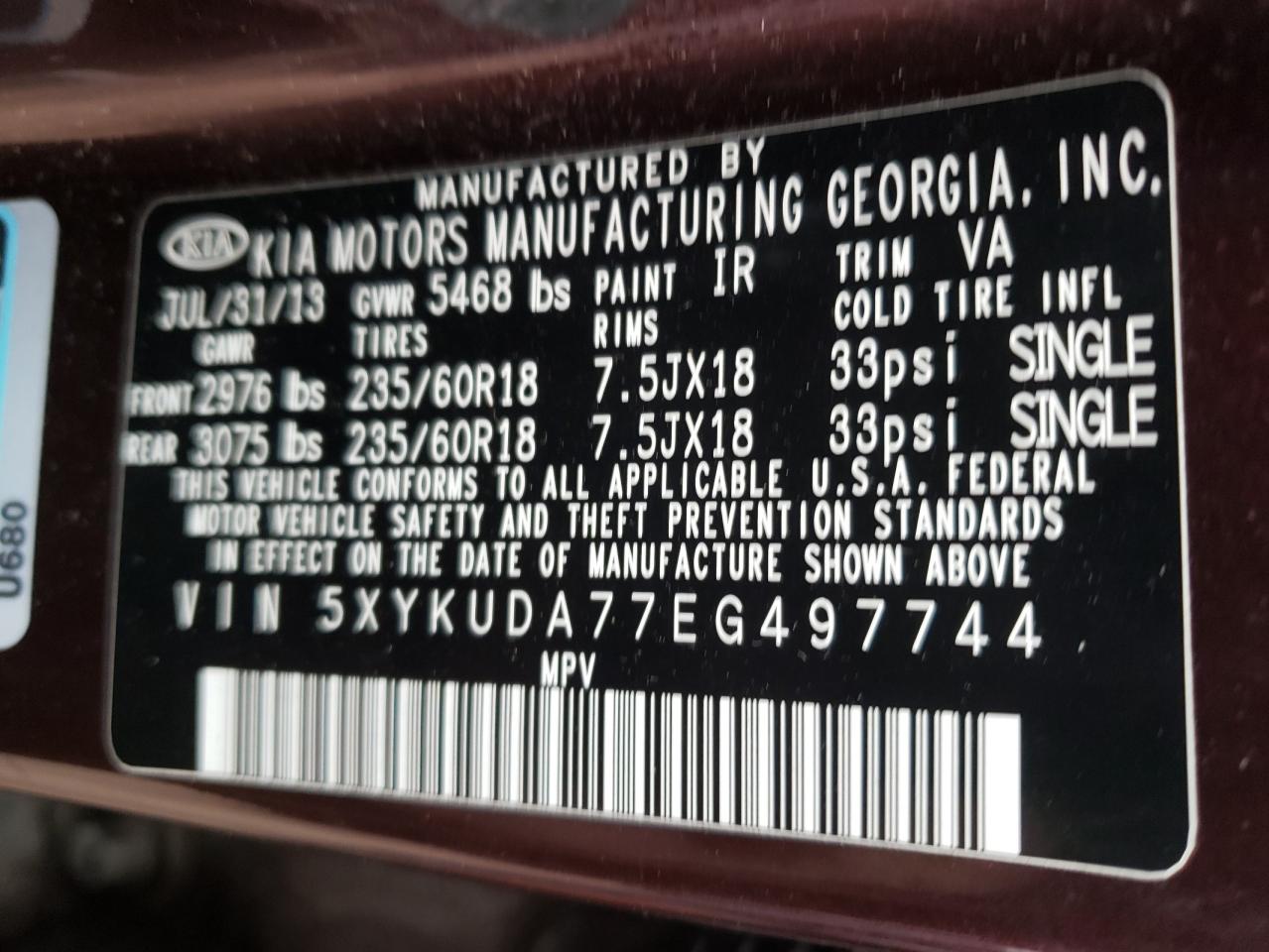 Photo 10 from auction – 2014 KIA SORENTO EX with VIN 5XYKUDA77EG497744