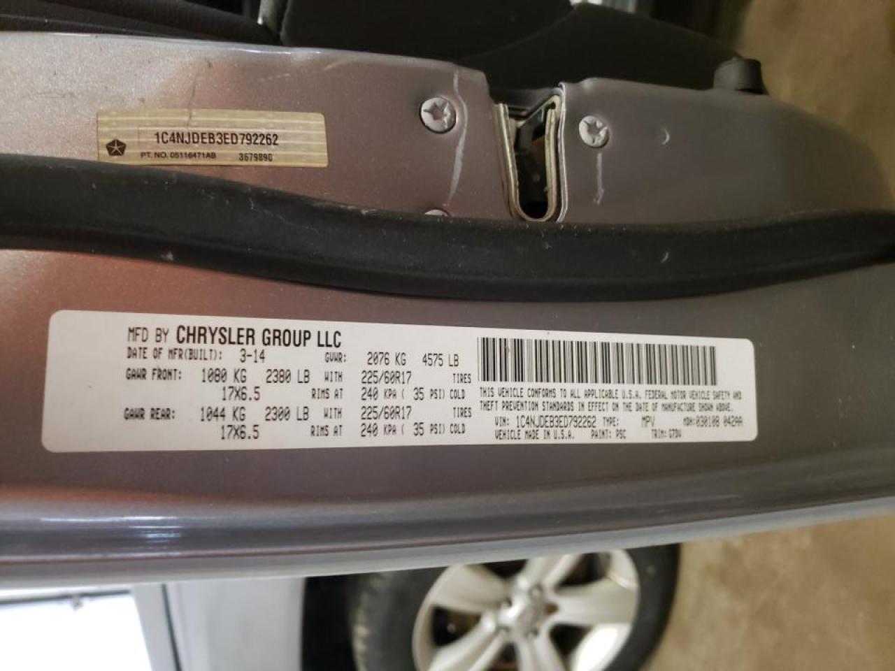 Photo 10 from auction – 2014 JEEP COMPASS LA with VIN 1C4NJDEB3ED792262
