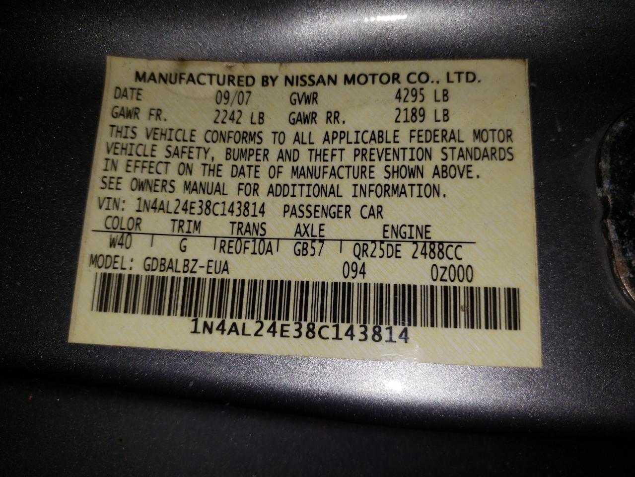 Photo 10 from auction – 2008 NISSAN ALTIMA 2.5 with VIN 1N4AL24E38C143814
