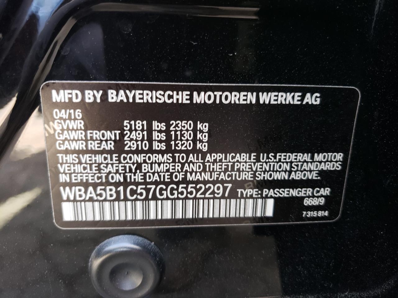 Foto 10 de la subasta – 2016 BMW 535 I con VIN WBA5B1C57GG552297