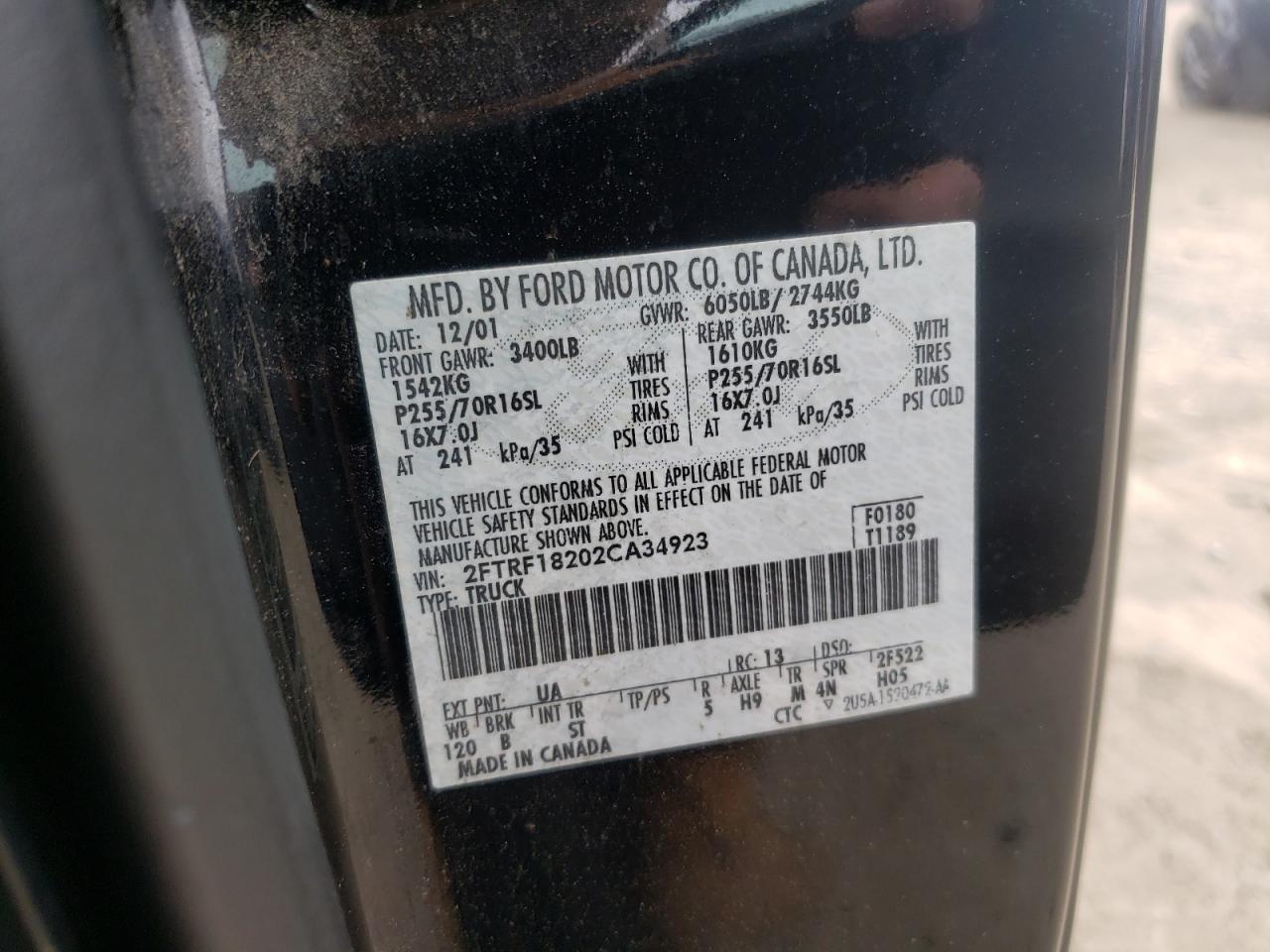 Photo 10 from auction – 2002 FORD F150 with VIN 2FTRF18202CA34923