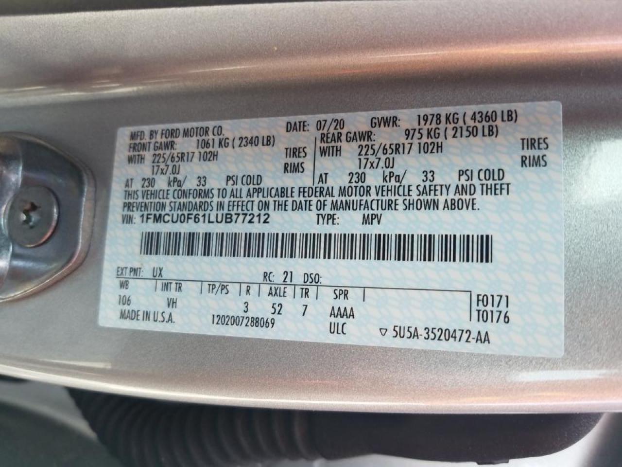 Photo 10 from auction – 2020 FORD ESCAPE S with VIN 1FMCU0F61LUB77212