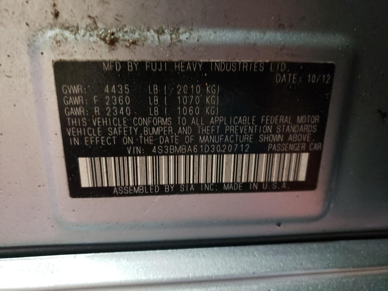 Photo 10 from auction – 2013 SUBARU LEGACY 2.5 with VIN 4S3BMBA61D3020712