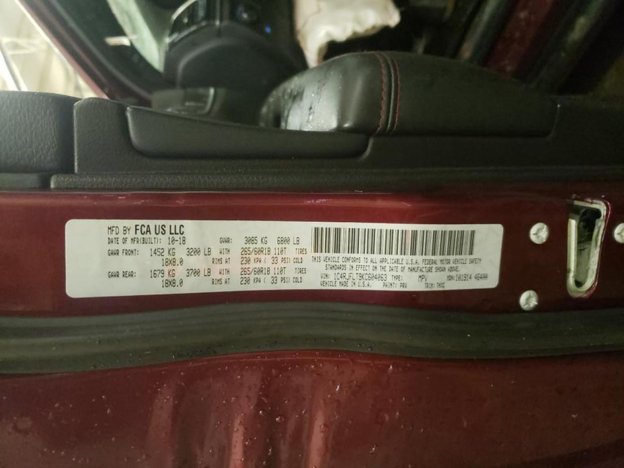 Photo 10 from auction – 2019 JEEP GRAND CHER with VIN 1C4RJFLT9KC604063