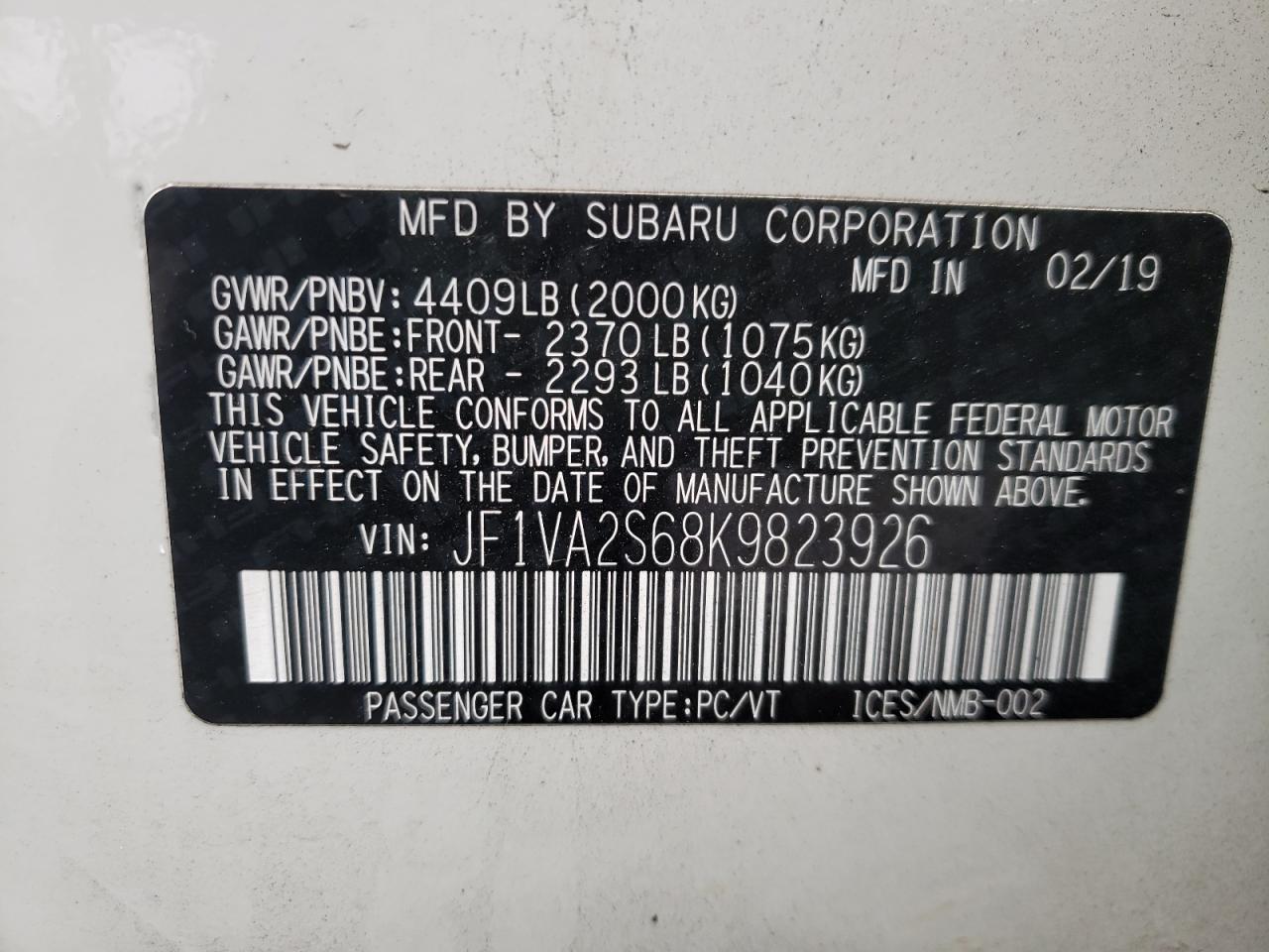 Photo 10 from auction – 2019 SUBARU WRX STI with VIN JF1VA2S68K9823926