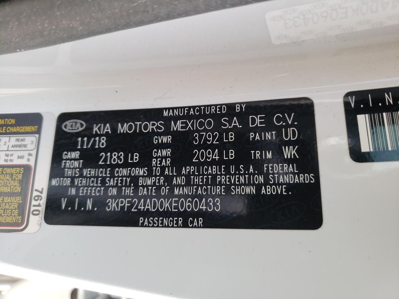 Photo 10 from auction – 2019 KIA FORTE FE with VIN 3KPF24AD0KE060433