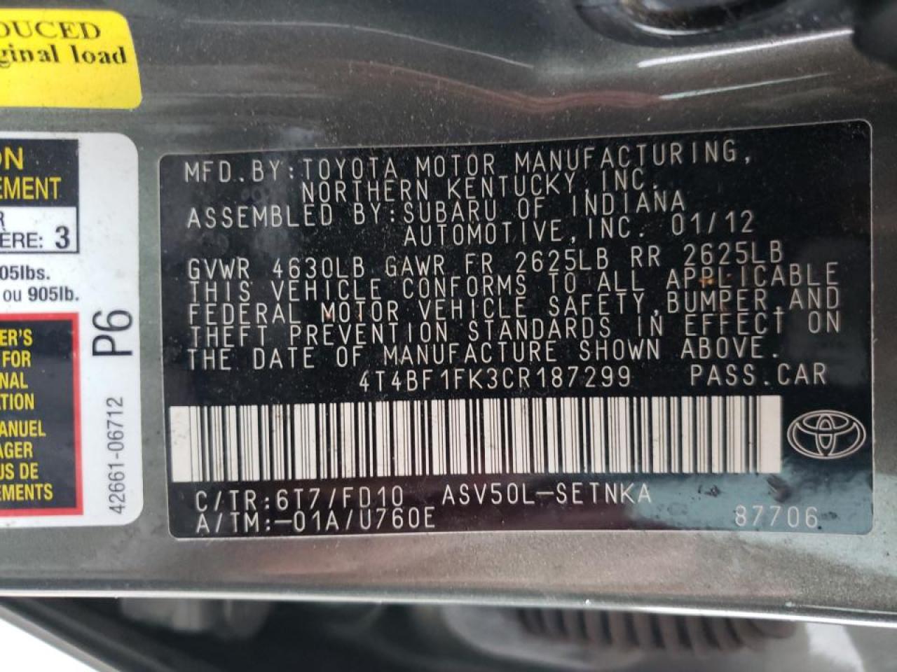 Photo 10 from auction – 2012 TOYOTA CAMRY BASE with VIN 4T4BF1FK3CR187299
