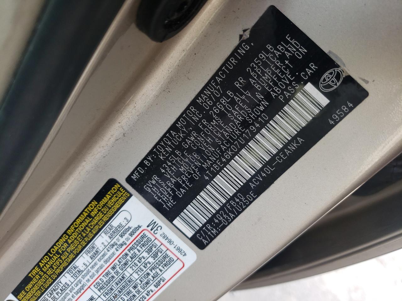 Photo 10 from auction – 2007 TOYOTA CAMRY CE with VIN 4T1BE46K07U179410