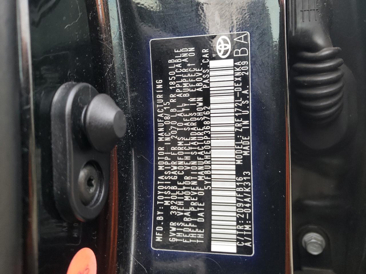 Photo 10 from auction – 2016 TOYOTA COROLLA L with VIN 5YFBURHE0GP368762