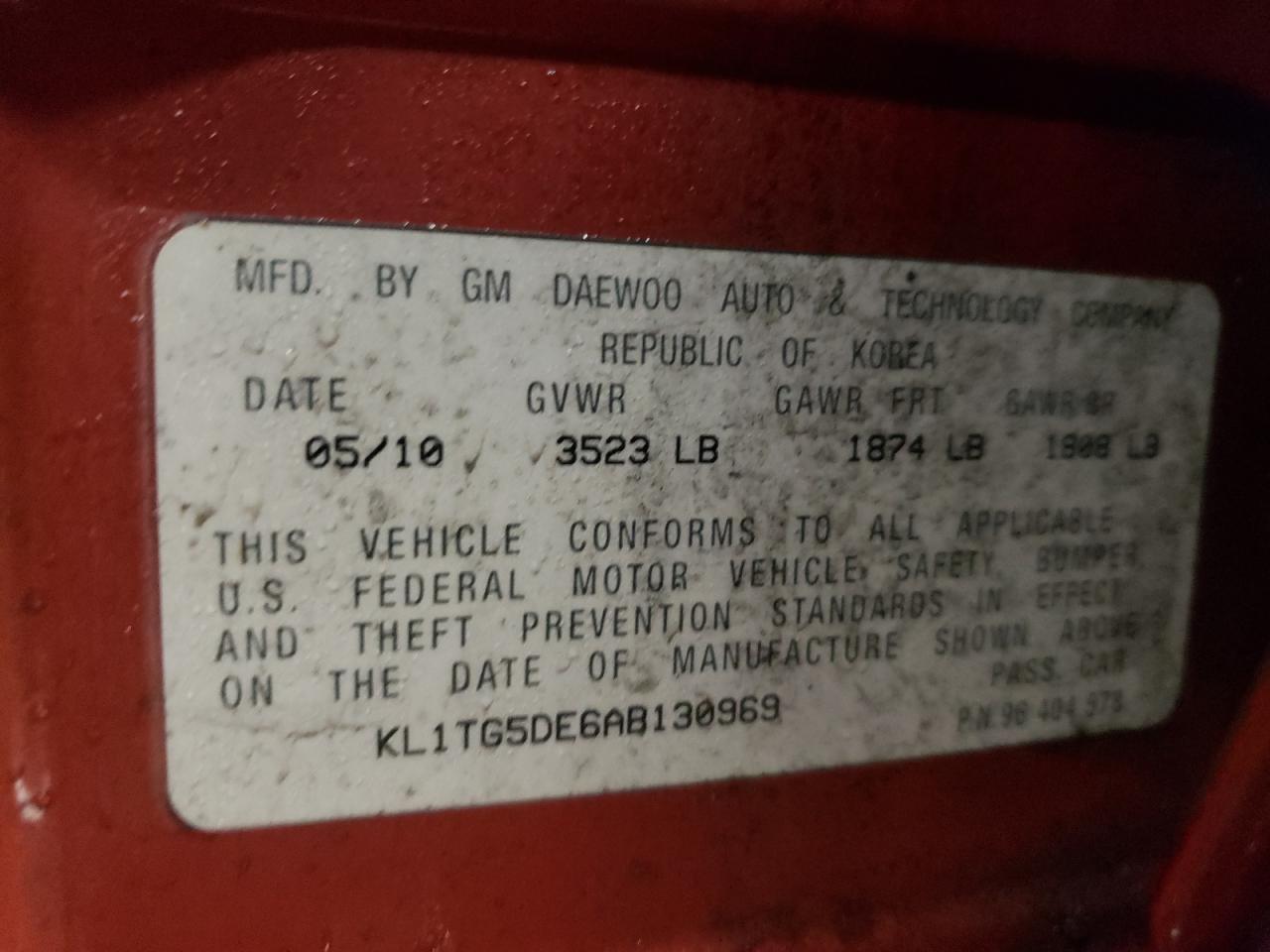 Photo 10 from auction – 2010 CHEVROLET AVEO LT with VIN KL1TG5DE6AB130969