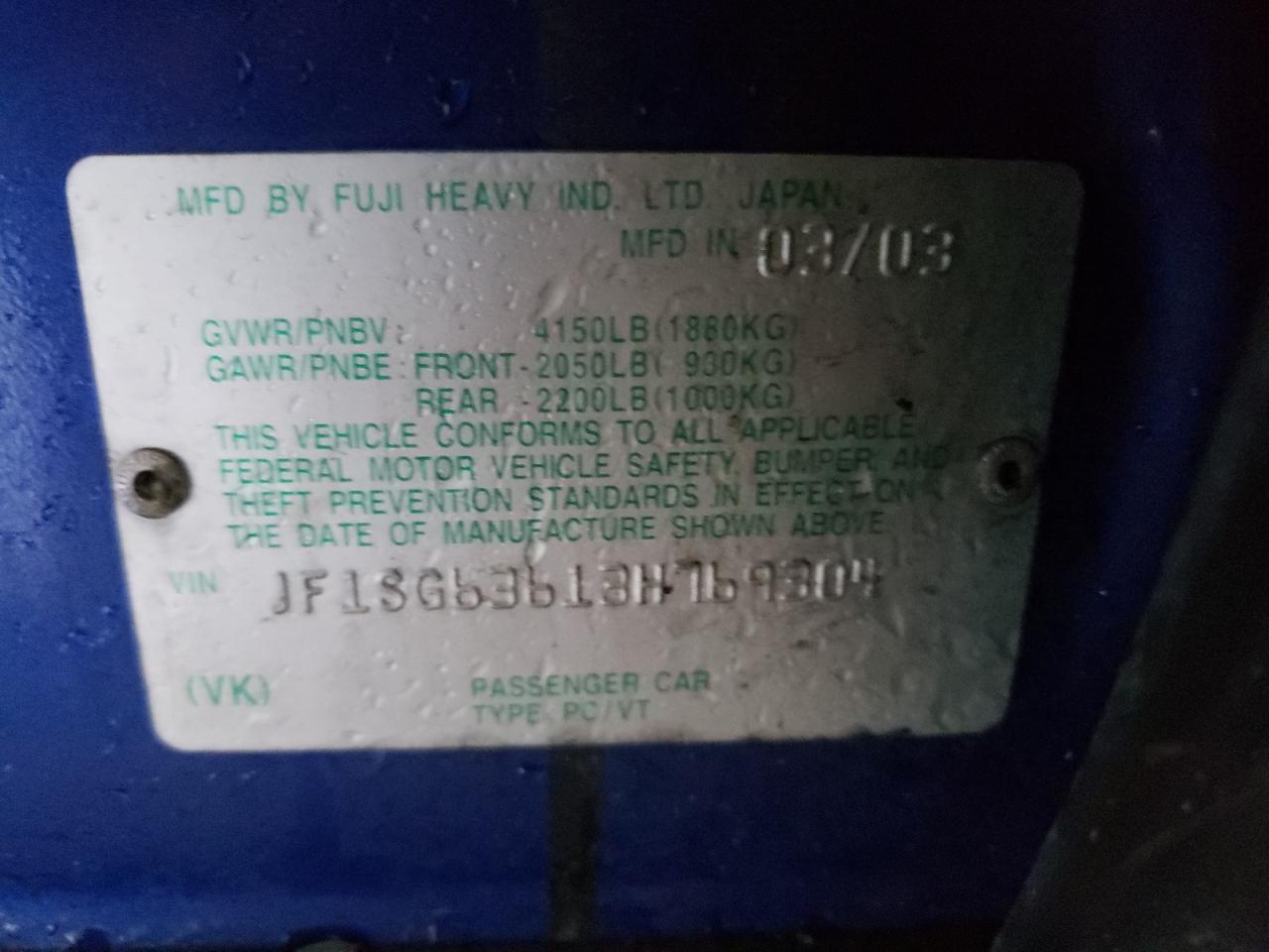 Photo 10 from auction – 2003 SUBARU FORESTER 2 with VIN JF1SG63613H769304