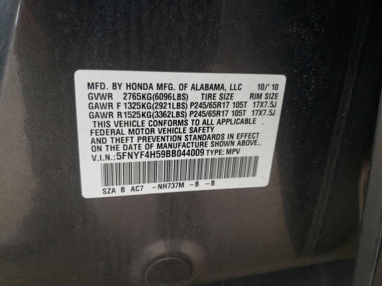 Photo 10 from auction – 2011 HONDA PILOT EXL with VIN 5FNYF4H59BB044009