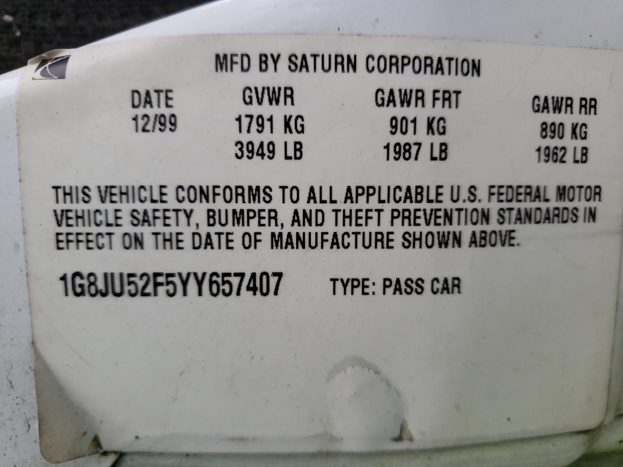 Photo 10 from auction – 2000 SATURN LS1 with VIN 1G8JU52F5YY657407