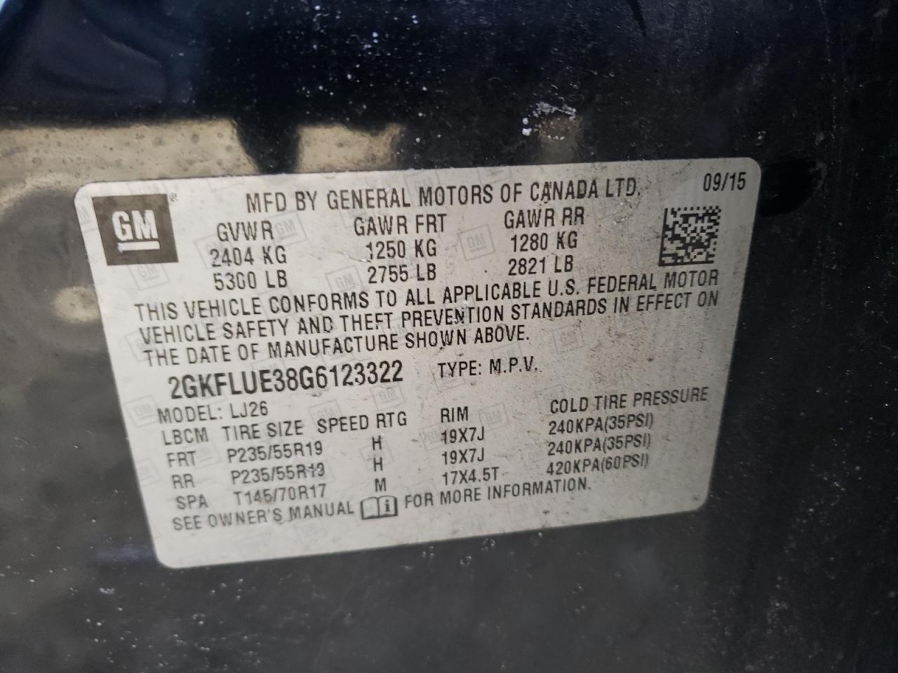 Photo 10 from auction – 2016 GMC TERRAIN SL with VIN 2GKFLUE38G6123322