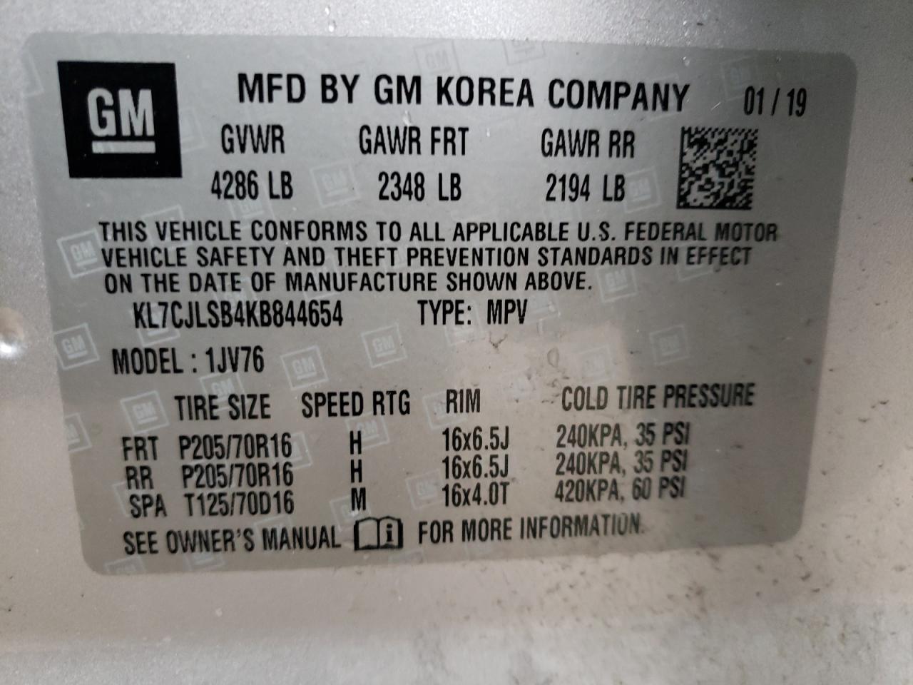Photo 10 from auction – 2019 CHEVROLET TRAX 1LT with VIN KL7CJLSB4KB844654