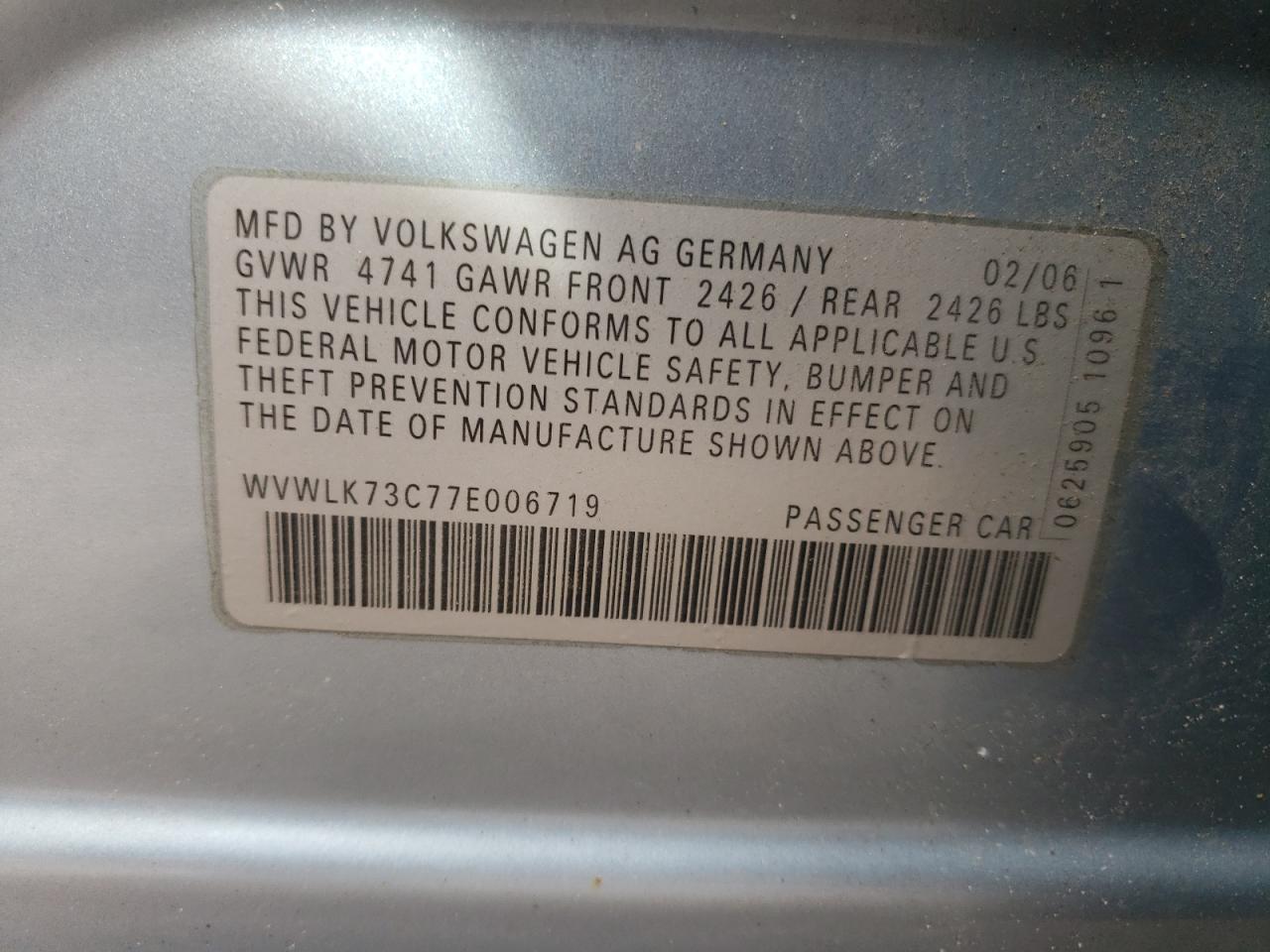 Photo 10 from auction – 2007 VOLKSWAGEN PASSAT 2.0 with VIN WVWLK73C77E006719