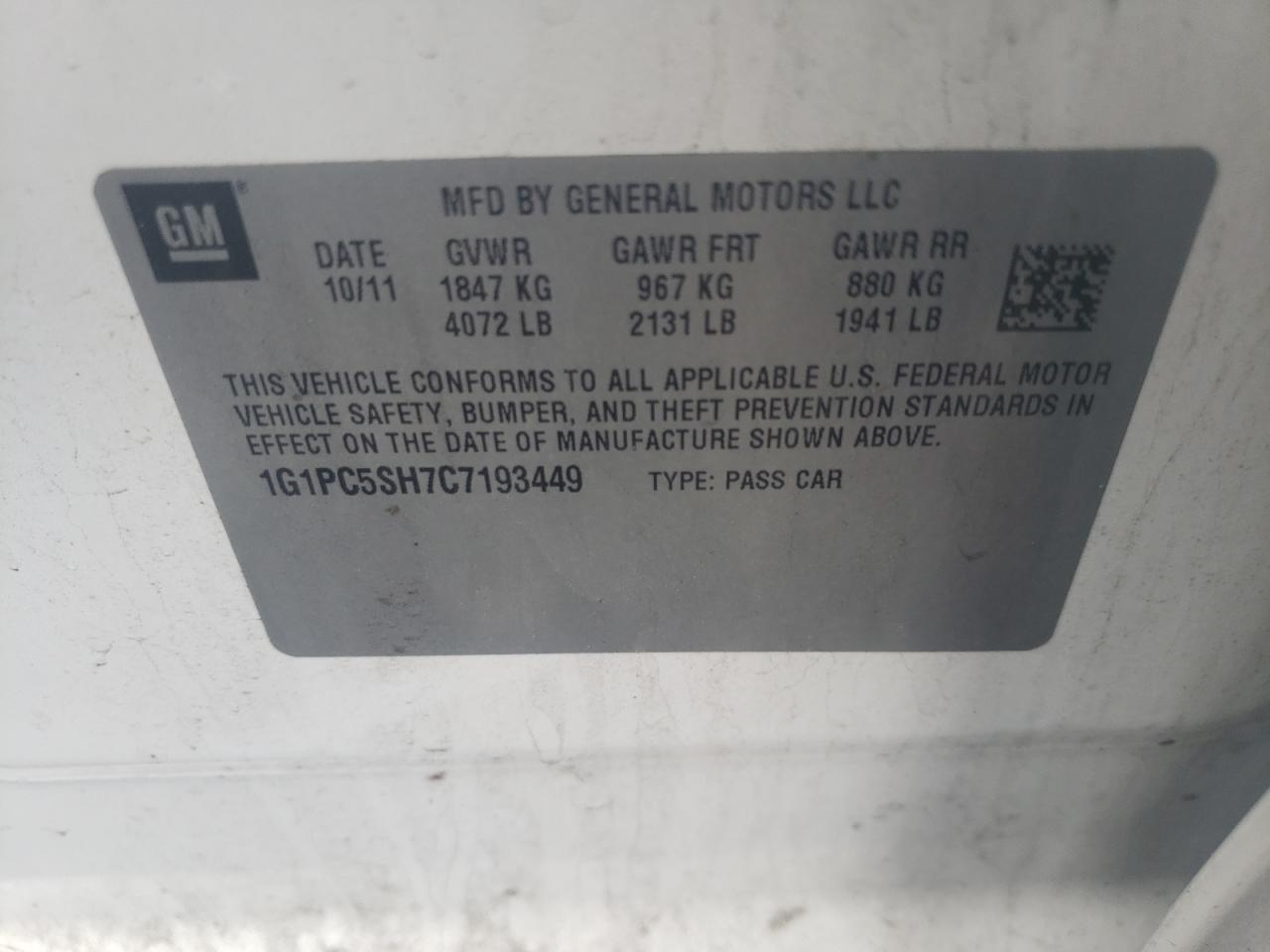 Photo 10 from auction – 2012 CHEVROLET CRUZE LS with VIN 1G1PC5SH7C7193449