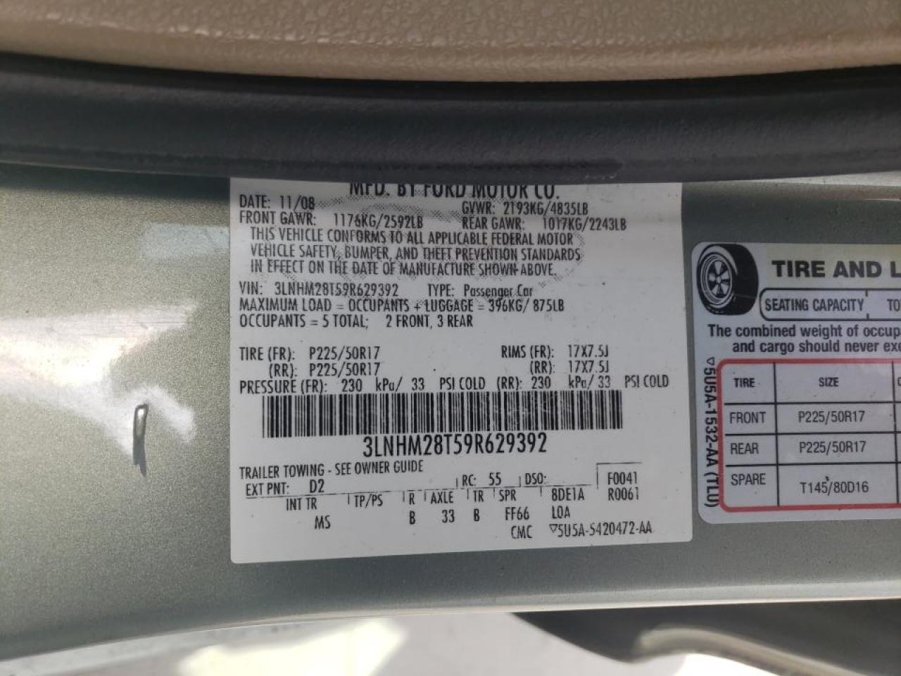 Photo 10 from auction – 2009 LINCOLN MKZ with VIN 3LNHM28T59R629392