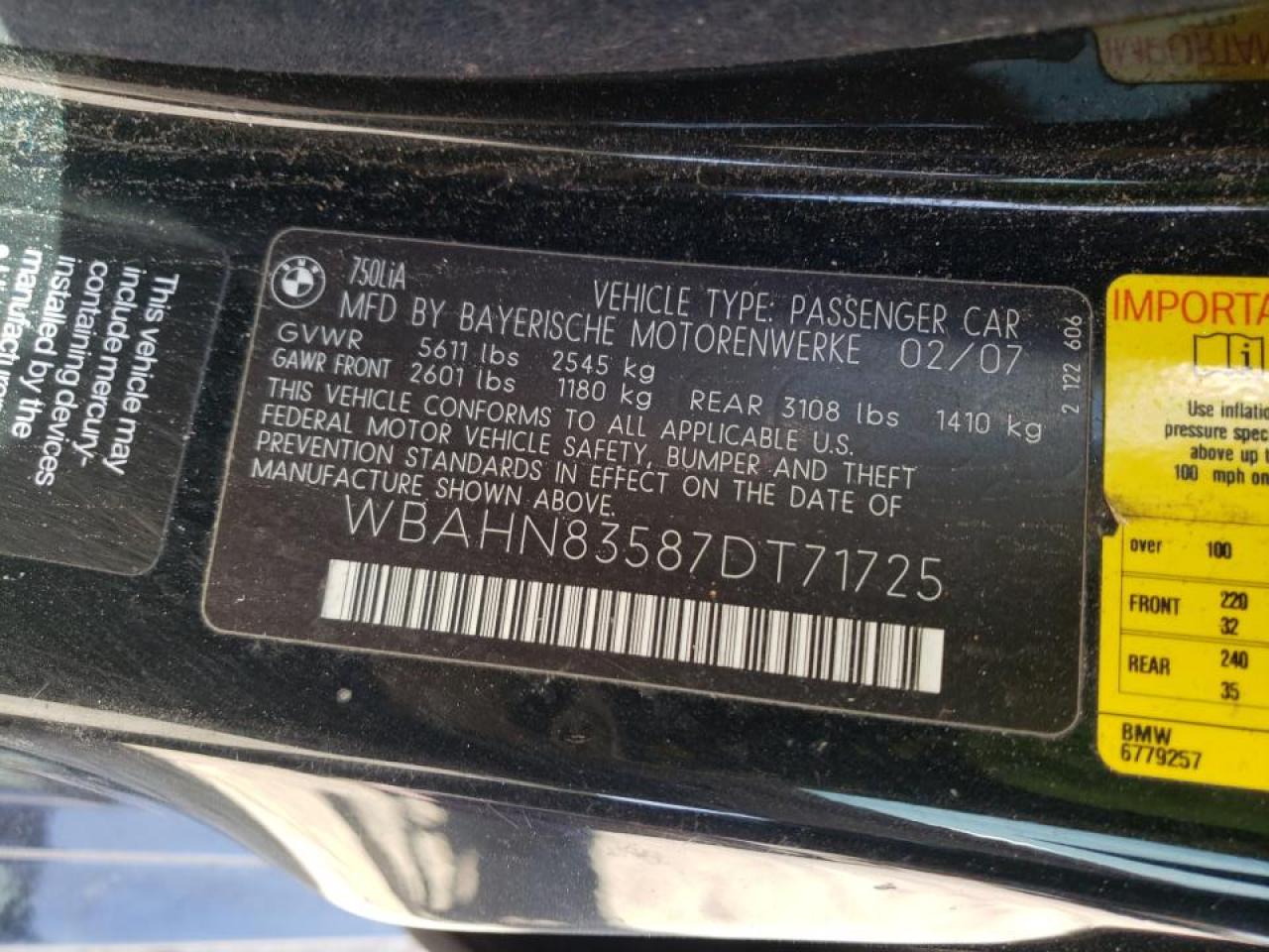 Photo 10 from auction – 2007 BMW 750 with VIN WBAHN83587DT71725