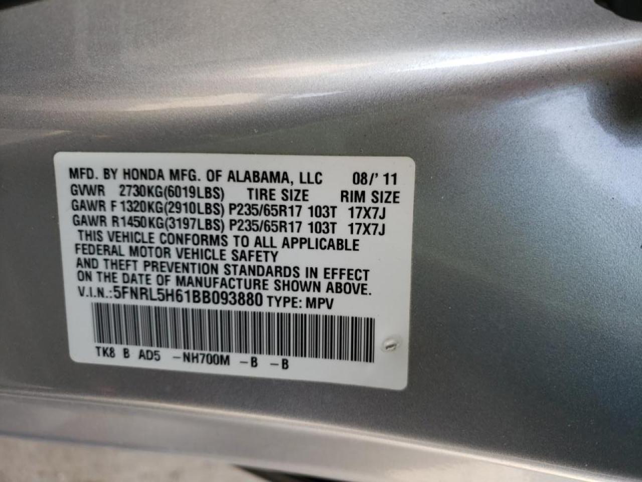 Photo 10 from auction – 2011 HONDA ODYSSEY EX with VIN 5FNRL5H61BB093880