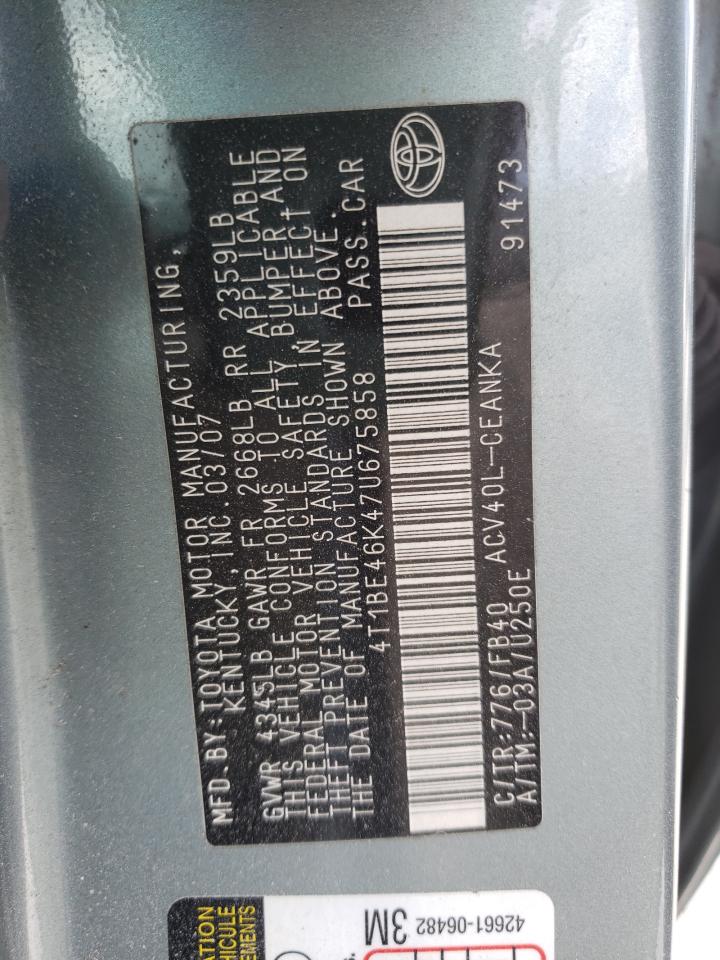 Photo 10 from auction – 2007 TOYOTA CAMRY CE with VIN 4T1BE46K47U675858