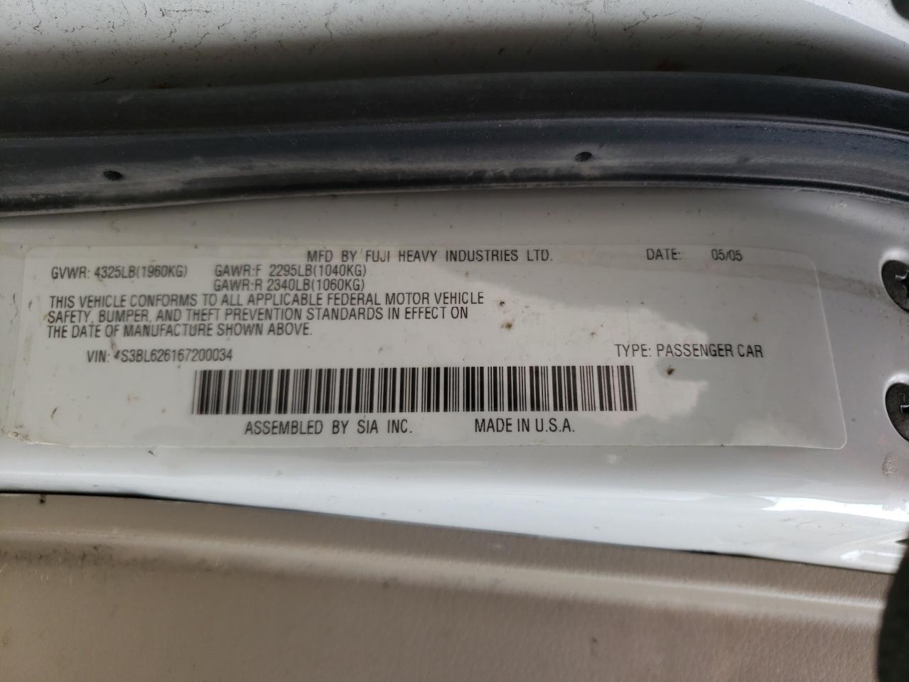 Photo 10 from auction – 2006 SUBARU LEGACY 2.5 with VIN 4S3BL626167200034