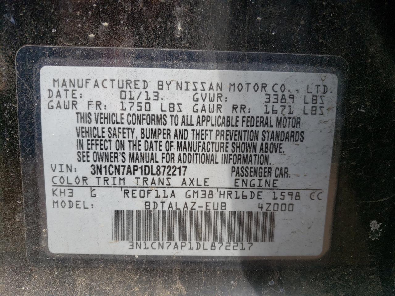 Photo 10 from auction – 2013 NISSAN VERSA S with VIN 3N1CN7AP1DL872217