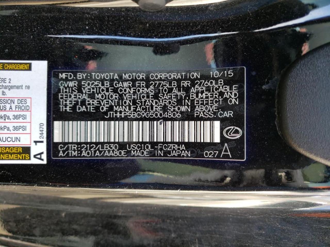 Photo 10 from auction – 2016 LEXUS RC-F with VIN JTHHP5BC9G5004806