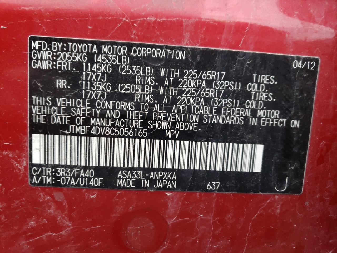 Photo 10 from auction – 2012 TOYOTA RAV4 with VIN JTMBF4DV8C5056165