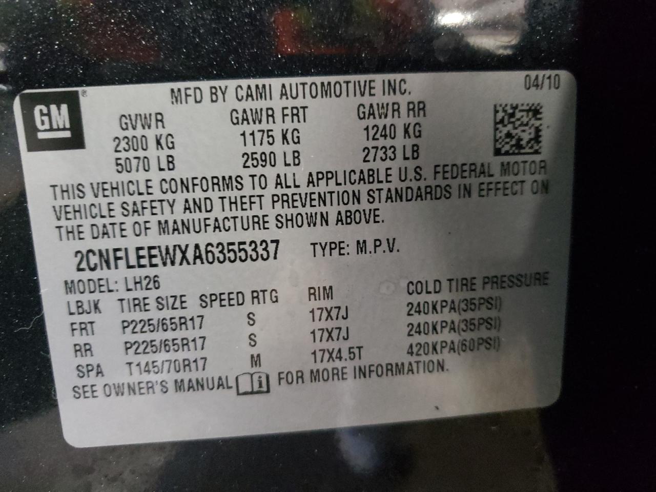 Photo 10 from auction – 2010 CHEVROLET EQUINOX LT with VIN 2CNFLEEWXA6355337