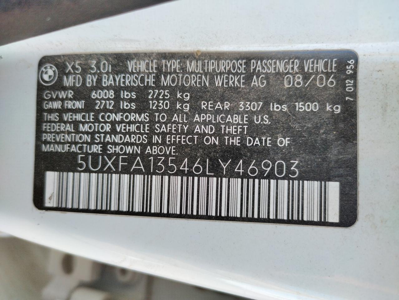 Photo 10 from auction – 2006 BMW X5 3.0I with VIN 5UXFA13546LY46903