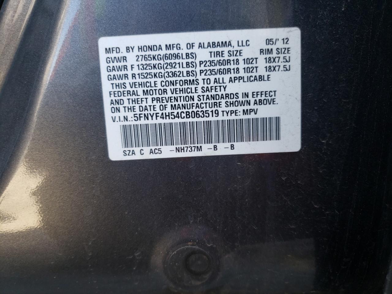 Photo 10 from auction – 2012 HONDA PILOT EXL with VIN 5FNYF4H54CB063519