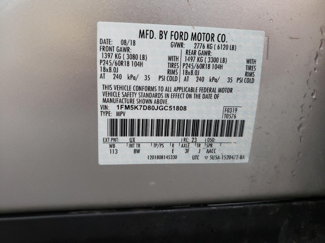 Photo 10 from auction – 2018 FORD EXPLORER X with VIN 1FM5K7D80JGC51808
