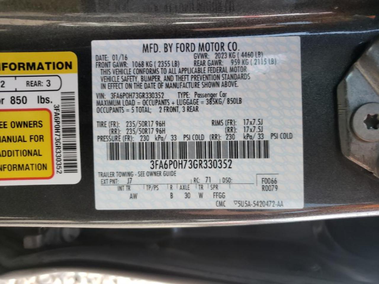 Photo 10 from auction – 2016 FORD FUSION SE with VIN 3FA6P0H73GR330352