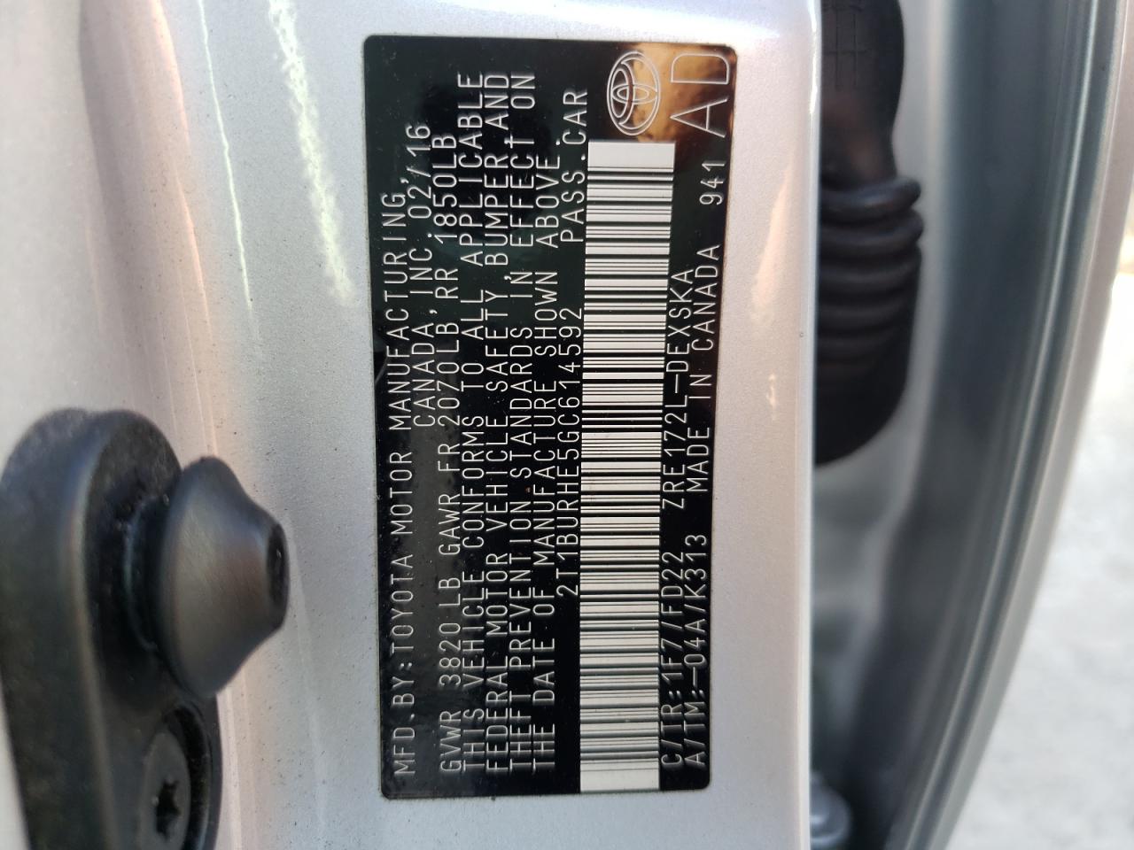 Photo 10 from auction – 2016 TOYOTA COROLLA L with VIN 2T1BURHE5GC614592