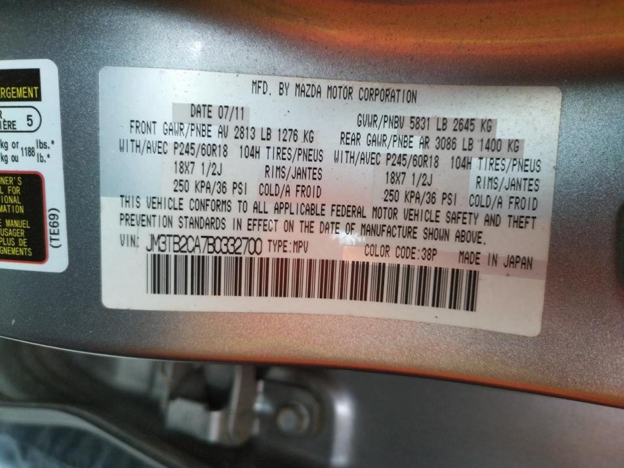 Photo 10 from auction – 2011 MAZDA CX9 with VIN JM3TB2CA7B0332700