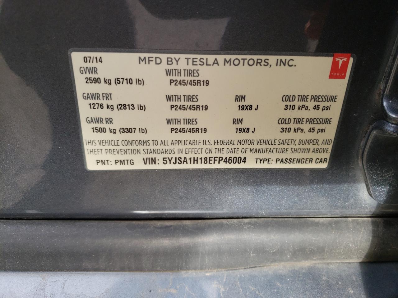 Photo 10 from auction – 2014 TESLA MODEL S with VIN 5YJSA1H18EFP46004