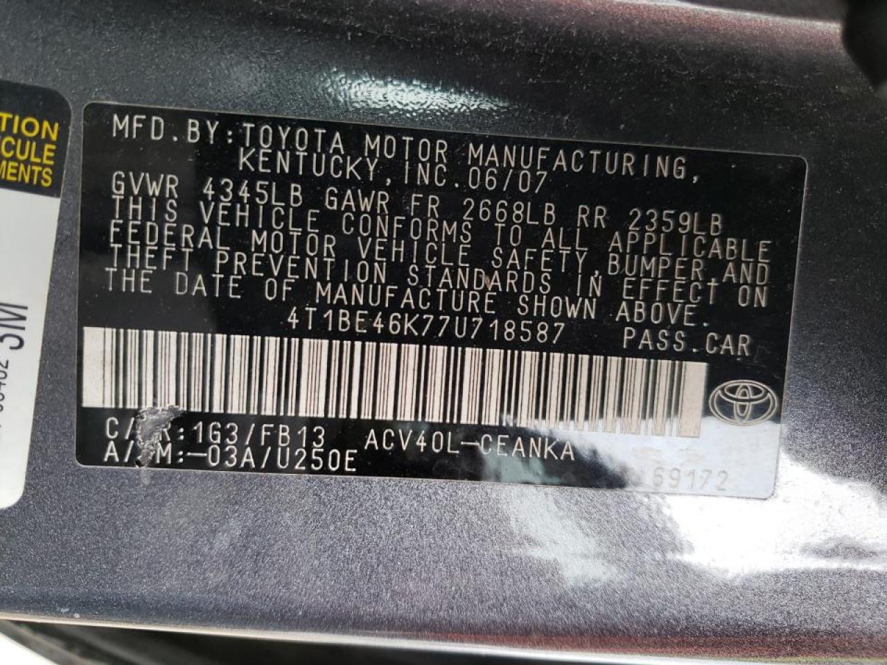 Photo 10 from auction – 2007 TOYOTA CAMRY CE with VIN 4T1BE46K77U718587