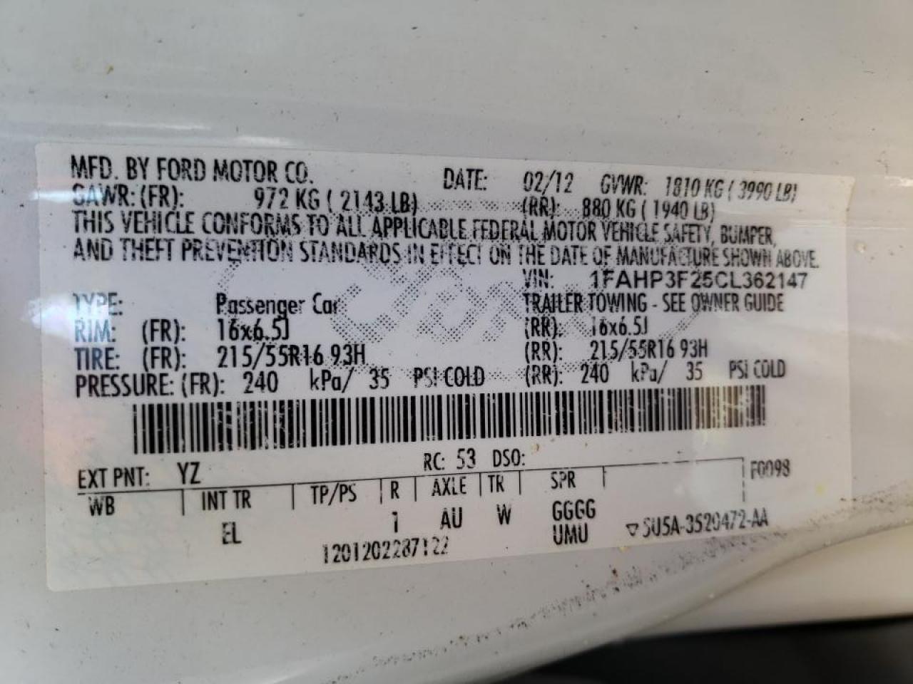 Photo 10 from auction – 2012 FORD FOCUS SE with VIN 1FAHP3F25CL362147