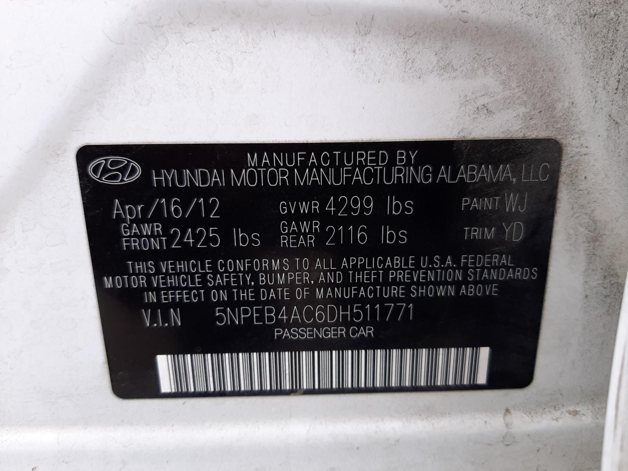 Photo 10 from auction – 2013 HYUNDAI SONATA GLS with VIN 5NPEB4AC6DH511771
